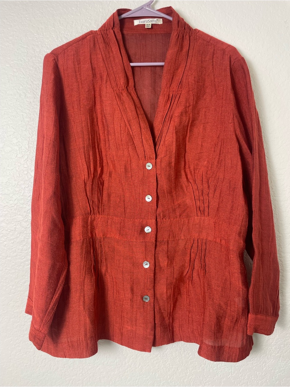 TravelSmith XL Petite Linen Blend Pintuck Shirt Jacket Rust Terracotta